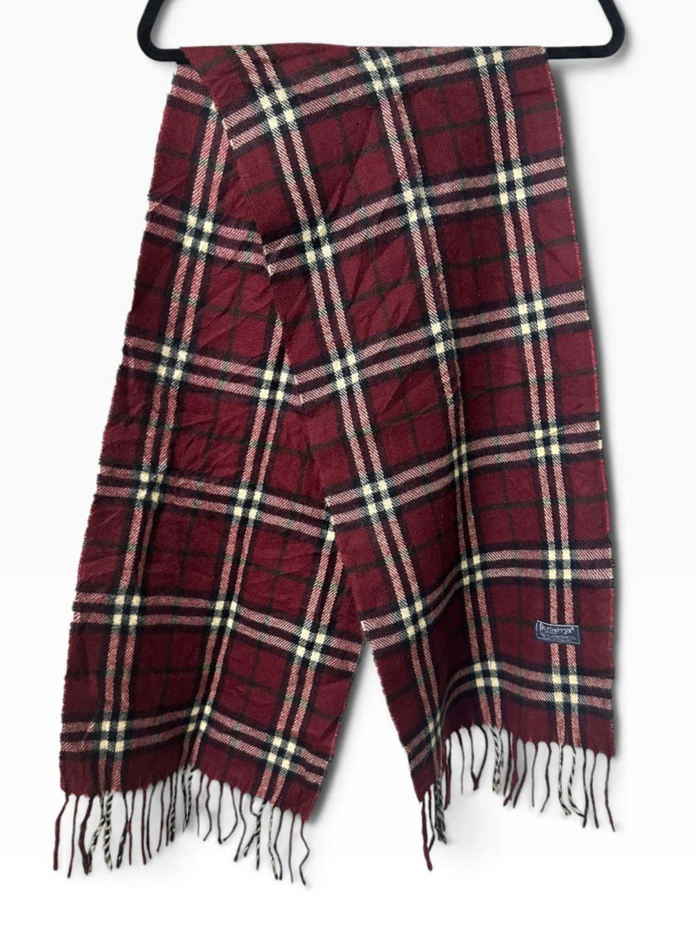 Burberry Men's Burgundy Plaid Fringe Scarf